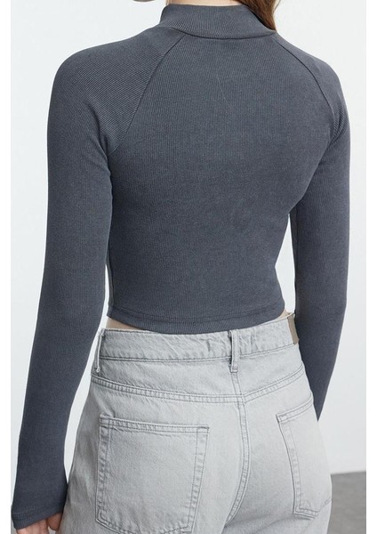Stil Kadın Yıkamalı Fermuarlı Fitted Vücuda Oturan Fitilli Esnek Bluz Regular Örme Slim Kalıp indirimleri