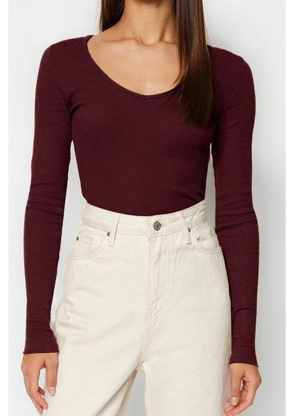 Stil Kadın Bordo-Taş 2li Paket Fitted Vücuda Oturan Pamuklu Esnek Bluz Regular Örme Slim Kalıp