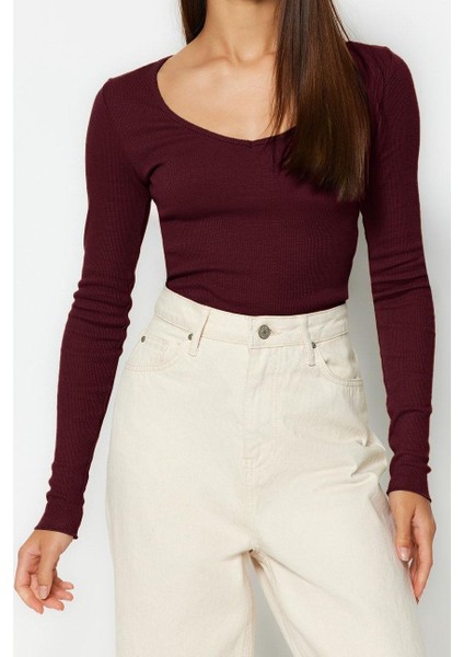 Stil Kadın Bordo-Taş 2li Paket Fitted Vücuda Oturan Pamuklu Esnek Bluz Regular Örme Slim Kalıp
