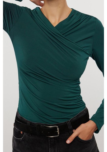 Stil Kadın Büzgü Drape Detaylı Fitted Vücuda Oturan Kollu Esnek Bluz Regular Örme Slim Kalıp
