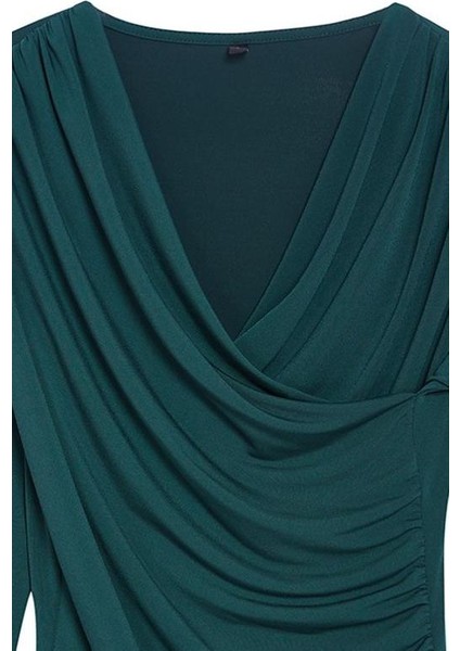 Stil Kadın Büzgü Drape Detaylı Fitted Vücuda Oturan Kollu Esnek Bluz Regular Örme Slim Kalıp fırsatları
