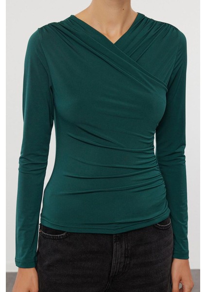 Stil Kadın Büzgü Drape Detaylı Fitted Vücuda Oturan Kollu Esnek Bluz Regular Örme Slim Kalıp indirimleri