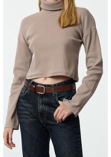Stil Kadın Fitted Vücuda Oturan Crop Esnek Bluz Super Crop Örme Slim Kalıp