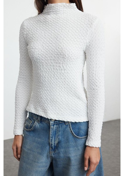 Kadın Moda Şık Üst Giyim Regular Dik Yaka Slim Kalıp Örme Fitted Vücuda Oturan Dokulu Esnek Bluz