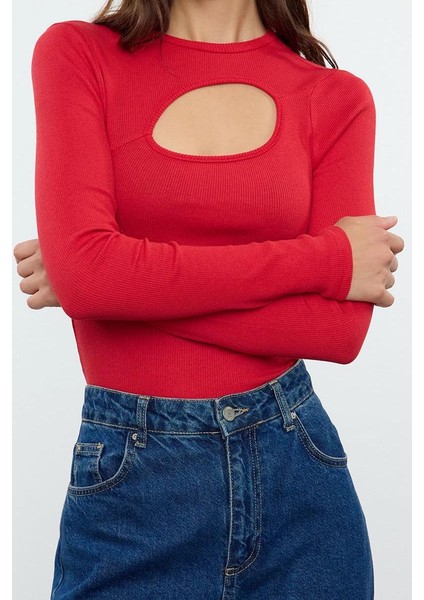 Stil Kadın Cut Out Detaylı Fitted Vücuda Oturan Fitilli Esnek Bluz Regular Örme Slim Kalıp