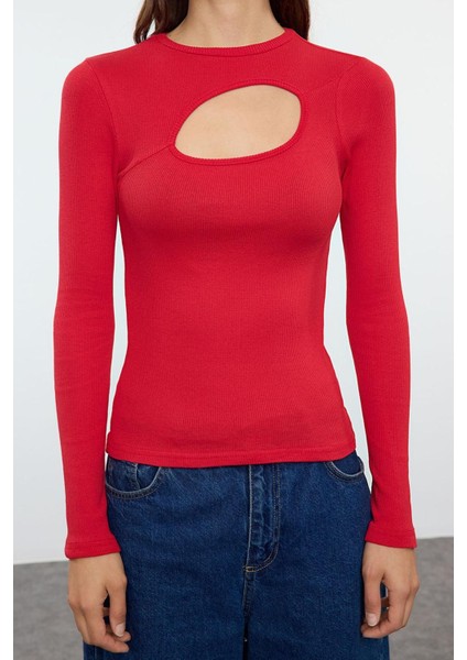 Stil Kadın Cut Out Detaylı Fitted Vücuda Oturan Fitilli Esnek Bluz Regular Örme Slim Kalıp modelleri