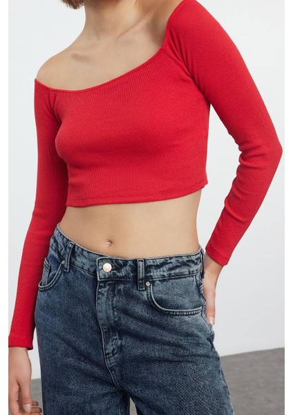 Stil Kadın Fitted Vücuda Oturan Fitilli Esnek Bluz Super Crop Örme Slim Kalıp Düşük Kol
