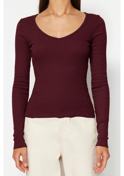 Stil Kadın Bordo-Taş 2li Paket Fitted Vücuda Oturan Pamuklu Esnek Bluz Örme Slim Kalıp modelleri