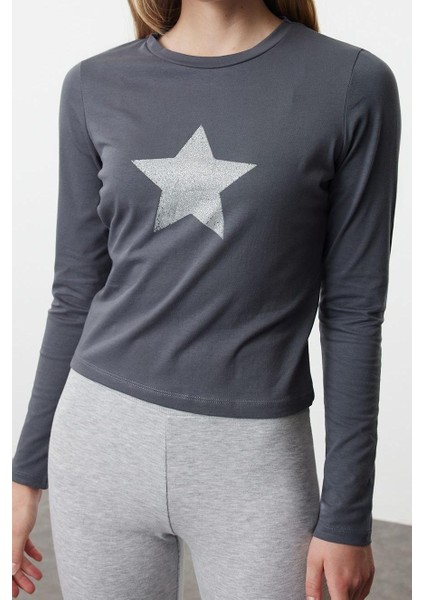 Stil Kadın Fitted Vücuda Oturan Baskılı Pamuklu Esnek Bluz Crop Örme Slim Kalıp
