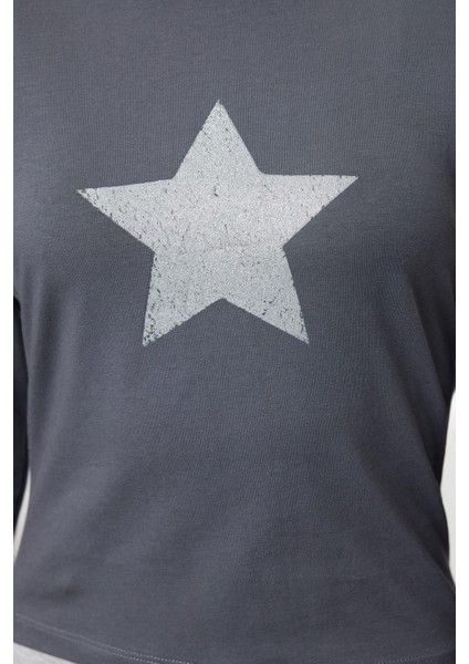 Stil Kadın Fitted Vücuda Oturan Baskılı Pamuklu Esnek Bluz Crop Örme Slim Kalıp fırsatları