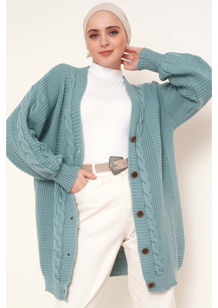 Kadın Triko Hırka Akrilik iplik 80 cm Saç Örgülü Mint Yeşili