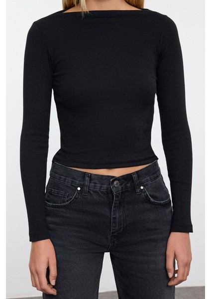 Kadın Moda Şık Regular Kayık Yaka Düşük Kol Slim Kalıp Örme Fitted Vücuda Oturan Fitilli Esnek Bluz