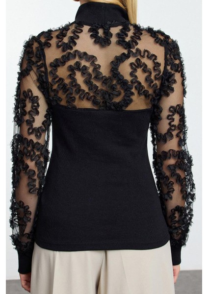 Stil Kadın Tül Garni Detaylı Fitted Vücuda Oturan Fitilli Esnek Bluz Regular Örme Slim Kalıp indirimleri