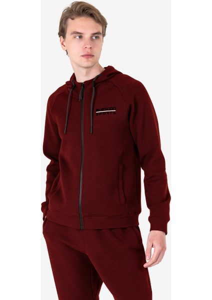 Bordo Erkek Fermuarlı Kapüşonlu Sweatshirt 23N-1121