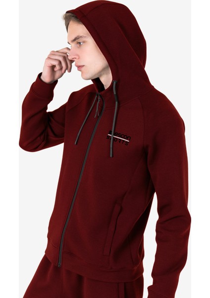 Bordo Erkek Fermuarlı Kapüşonlu Sweatshirt 23N-1121