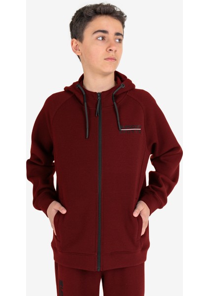 Bordo Çocuk Fermuarlı Kapüşonlu Sweatshirt 23N-3121