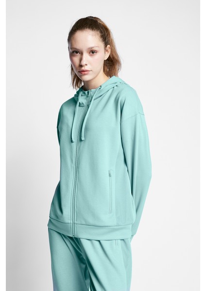 Comfort Fit 23BTBS002118011 Yeşil Kadın Fermuarlı Kapüşonlu Sweatshirt 23B-2118