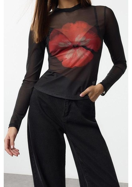 Kadın Şık Regular Dik Yaka Slim Kalıp Örme Siyah Çiçek Baskılı Fitted Vücuda Oturan Tül Esnek Bluz modelleri