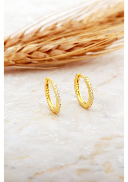 15 mm Taşlı Altın Kaplama Gümüş Halka Küpe 7138