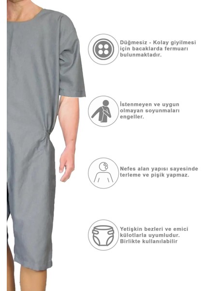 Özel Tasarım Kısa Kol Gri Renk & Demans Hasta Tulumu & Hasta Bakım Tulumu - Large Beden indirimleri