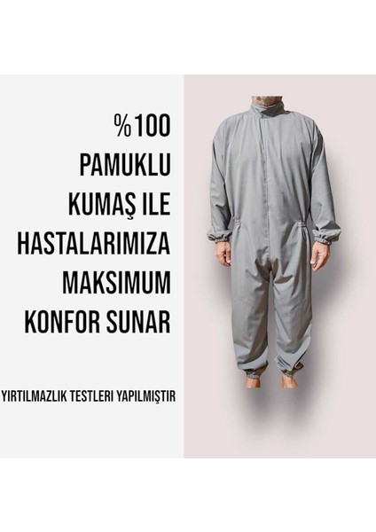 S - Uzun Kollu Ribanalı Demans Tulumu Hasta Bakım Kıyafet Terletmez %100 Pamuk Kumaş