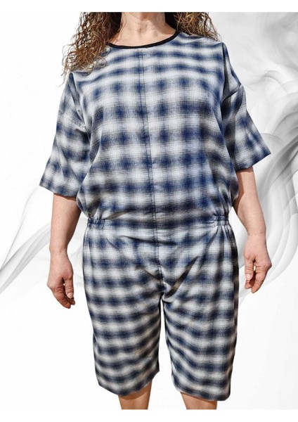 S - Yeni Nesil Kısa Kol Demans Tulumu Hasta Bakım Kıyafet Terletmez Ekose Kumaş %100 Pamuk