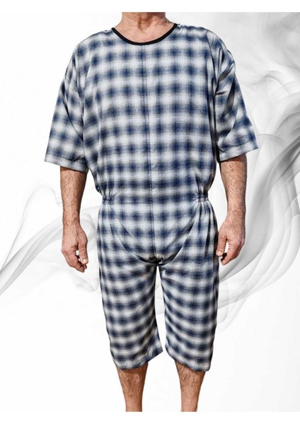 S - Kısa Kol Tulumu Hasta Bakım Kıyafet Terletmez Ekose Kumaş %100 Pamuk