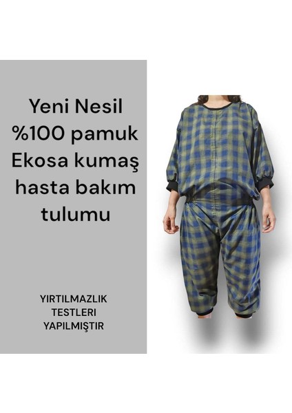 Medıum Beden - Kısa Kollu Demans Tulumu Hasta Bakım Kıyafeti Pamuklu Ekose Kumaş Ribanalı indirimleri