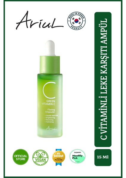 Green C Vitaminli Yüz Ampulü 15 ml|Ton Eşitleyici, Leke Karşıtı|Glutatyon, 13 Vitamin Kompleks