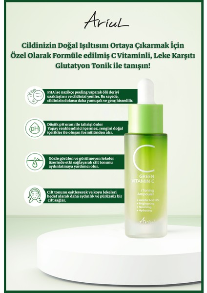 Green C Vitaminli Yüz Ampulü 15 ml|Ton Eşitleyici, Leke Karşıtı|Glutatyon, 13 Vitamin Kompleks