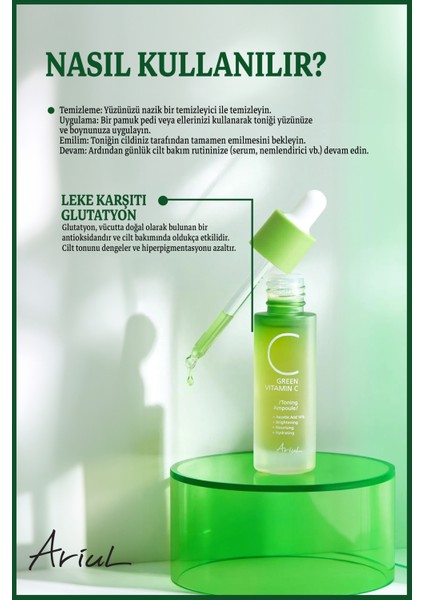 Green C Vitaminli Yüz Ampulü 15 ml|Ton Eşitleyici, Leke Karşıtı|Glutatyon, 13 Vitamin Kompleks