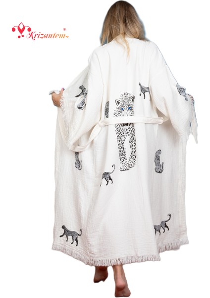 Kimono /Kaftan /Bornoz Ham Kumaş Siyah Leopar desenli