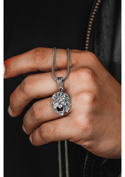 Erkek Gümüş Kolye - Tilki Kuyruğu Zincirli Aslan Kafası Model 2 Figürlü Erkek Kolye fiyatları