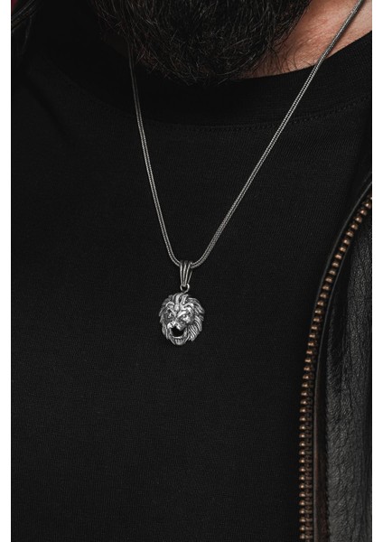 Erkek Gümüş Kolye - Tilki Kuyruğu Zincirli Aslan Kafası Model 2 Figürlü Erkek Kolye modelleri