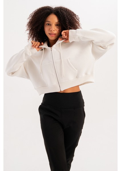 Crop Kapüşonlu Fermuarlı Kanguru Cepli Şardonlu Hoodie Ekru Kadın Sweatshirt - Lumen fiyatları