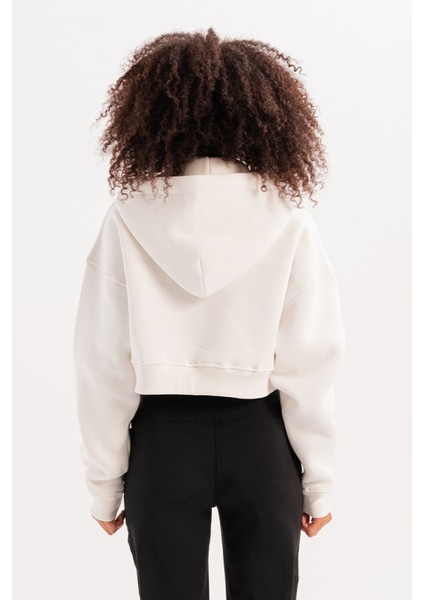 Crop Kapüşonlu Fermuarlı Kanguru Cepli Şardonlu Hoodie Ekru Kadın Sweatshirt - Lumen fırsatları