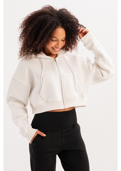Crop Kapüşonlu Fermuarlı Kanguru Cepli Şardonlu Hoodie Ekru Kadın Sweatshirt - Lumen indirimleri
