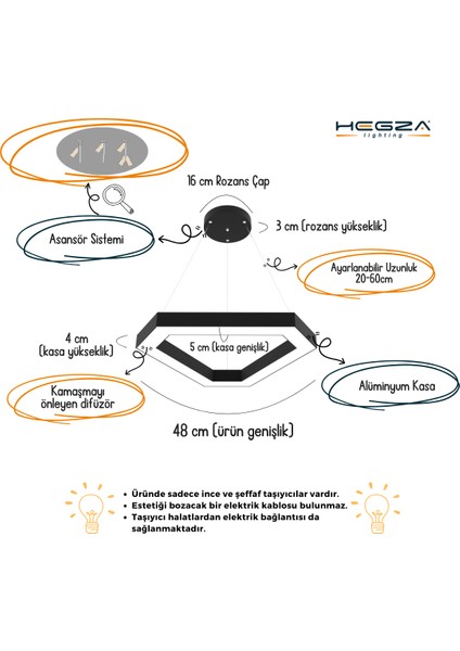 Fetta (Siyah Kasa, Beyaz Işık) Ledli Modern Sarkıt LED Avize