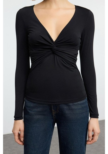 Kadın Moda Şık Crop V Yaka Slim Kalıp Örme Büzgü Drape Detaylı Fitted Vücuda Oturan Kollu Esnek Bluz