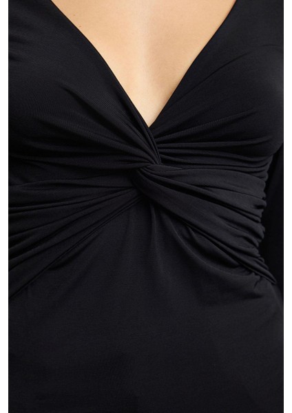 Kadın Moda Şık Crop V Yaka Slim Kalıp Örme Büzgü Drape Detaylı Fitted Vücuda Oturan Kollu Esnek Bluz fırsatları