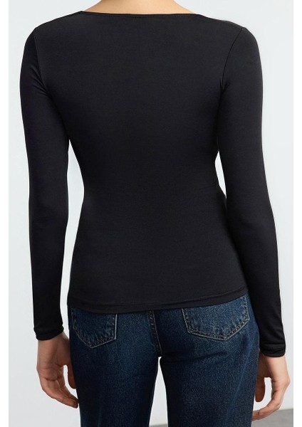 Kadın Moda Şık Crop V Yaka Slim Kalıp Örme Büzgü Drape Detaylı Fitted Vücuda Oturan Kollu Esnek Bluz indirimleri