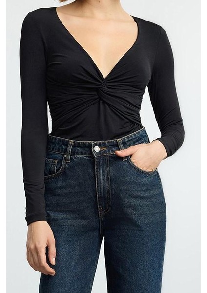 Kadın Moda Şık Crop V Yaka Slim Kalıp Örme Büzgü Drape Detaylı Fitted Vücuda Oturan Kollu Esnek Bluz
