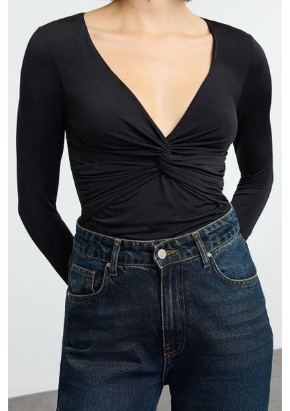 Kadın Moda Şık Crop V Yaka Slim Kalıp Örme Büzgü Drape Detaylı Fitted Vücuda Oturan Kollu Esnek Bluz