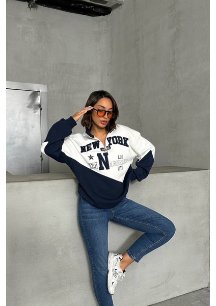 Kadın Lacivert Fermuarlı New York Sweat NBG050