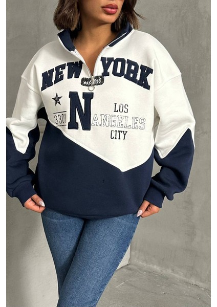 Kadın Lacivert Fermuarlı New York Sweat NBG050