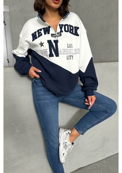 Kadın Lacivert Fermuarlı New York Sweat NBG050