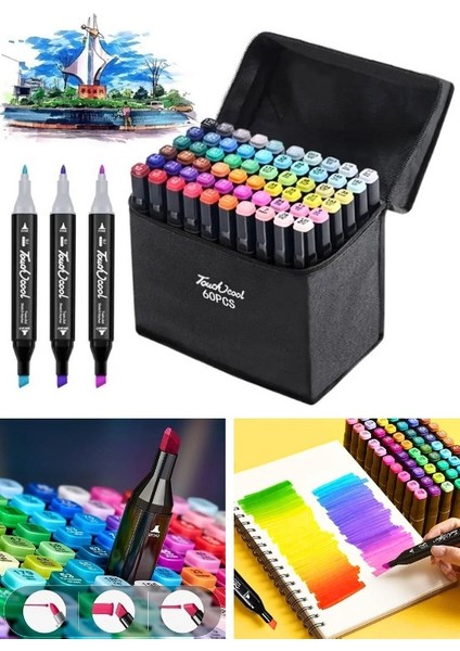 60'lı Çift Tatraflı Marker Kalem Seti Standlı Resim Mimari ve Grafik Tasarım Kalemi