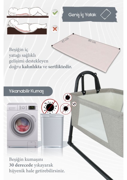 Sallanır Portatif Cibinlikli Anne Yanı Bebek Beşik Koyu Gri