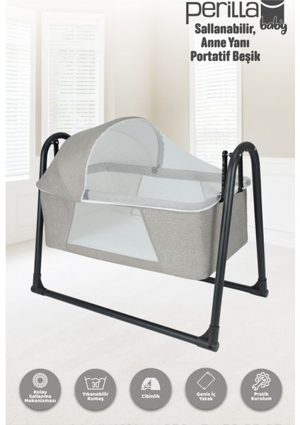 Sallanır Portatif Cibinlikli Anne Yanı Bebek Beşik Açık Gri