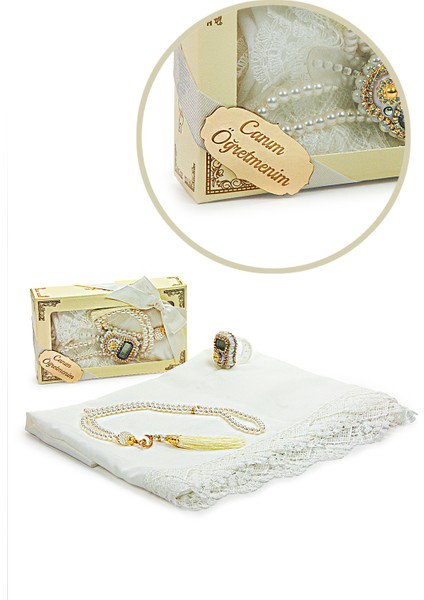 Öğretmenler Gününe Özel Kutulu Hediyelik Şal Zikirmatik Tesbih Seti Beyaz